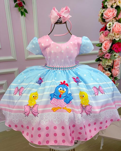 Vestido Infantil Temáticos da Gigi Galinha Pintadinha Azul e Rosa