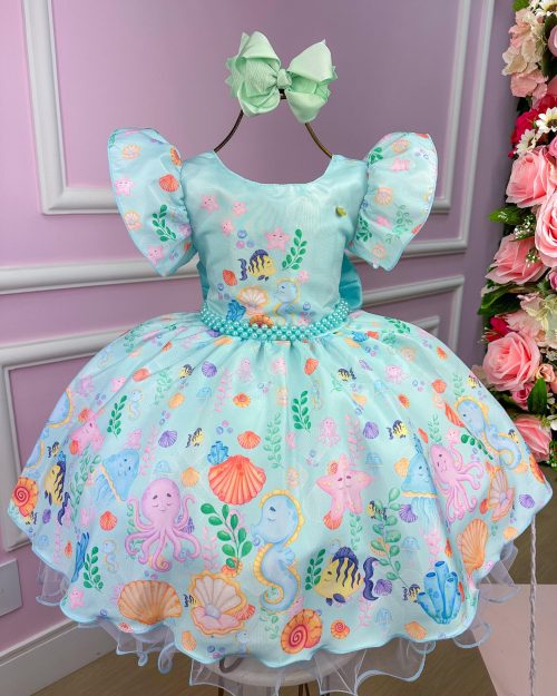 Vestido Tematicos Kids Fundo do Mar - Sereia Ariel Modelo 2 Tiffany