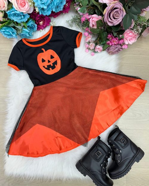 Fantasia Halloween Menina Bruxinha Abóbora Laranja