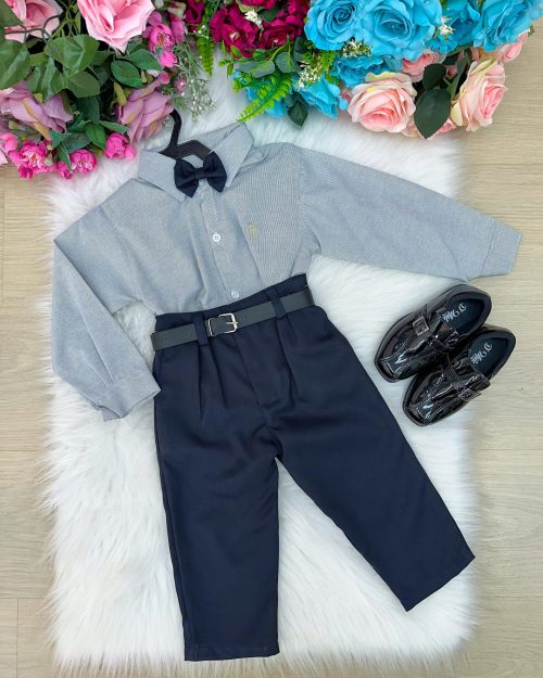 Conjunto Masculino Miss Cherry Social Mescla Cinza Linho Com Calça Preto Henrique