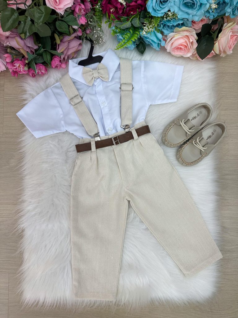 Conjunto Miss Cherry Suspensorio Luiz Linho Bege