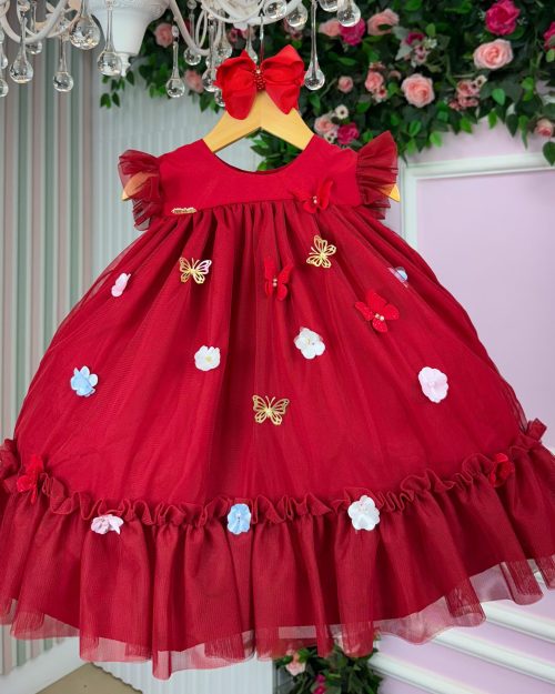 Vestido Vila Lele Jardim das Borboletas Baby Liz Vermelho