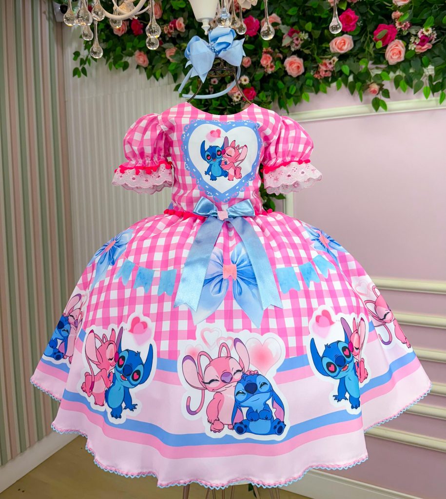 Vestido Junino Tematico Luxo Lilo Stitch Rosa Bebe Modelo 2