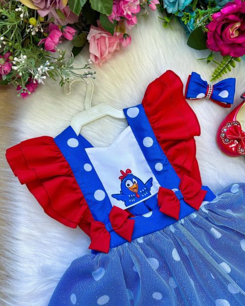 Romper/Vestido Princesa Belli Galinha Pintadinha Azul e Vermelho