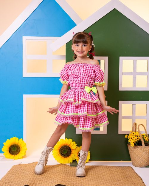 Conjunto Junino Banana Club Luxo Sofia Xadrez Rosa