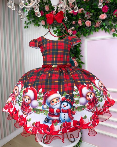 Vestido Festa Infantil Ursinho Papai Noel Natal