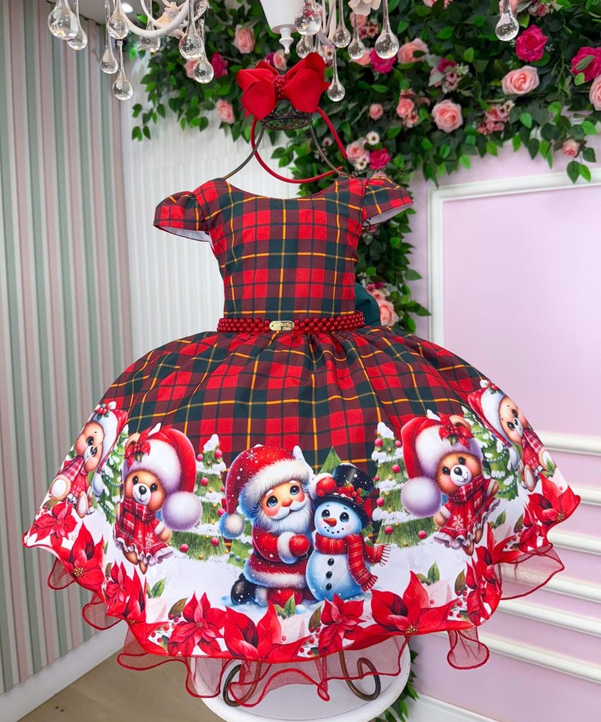 Vestido Festa Infantil Ursinho Papai Noel Natal